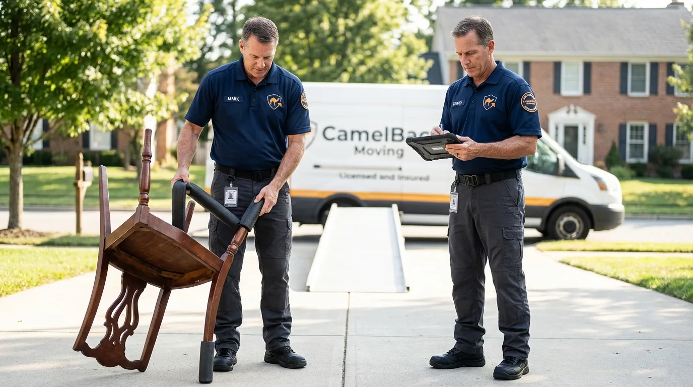 Movers inspecting furniture for damage prevention before loading in Calumet, PA