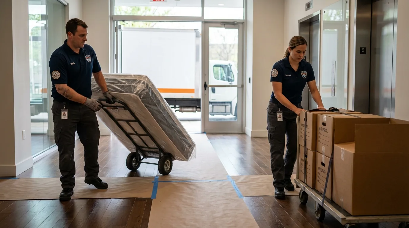Professional apartment movers loading elevator in Calumet, PA